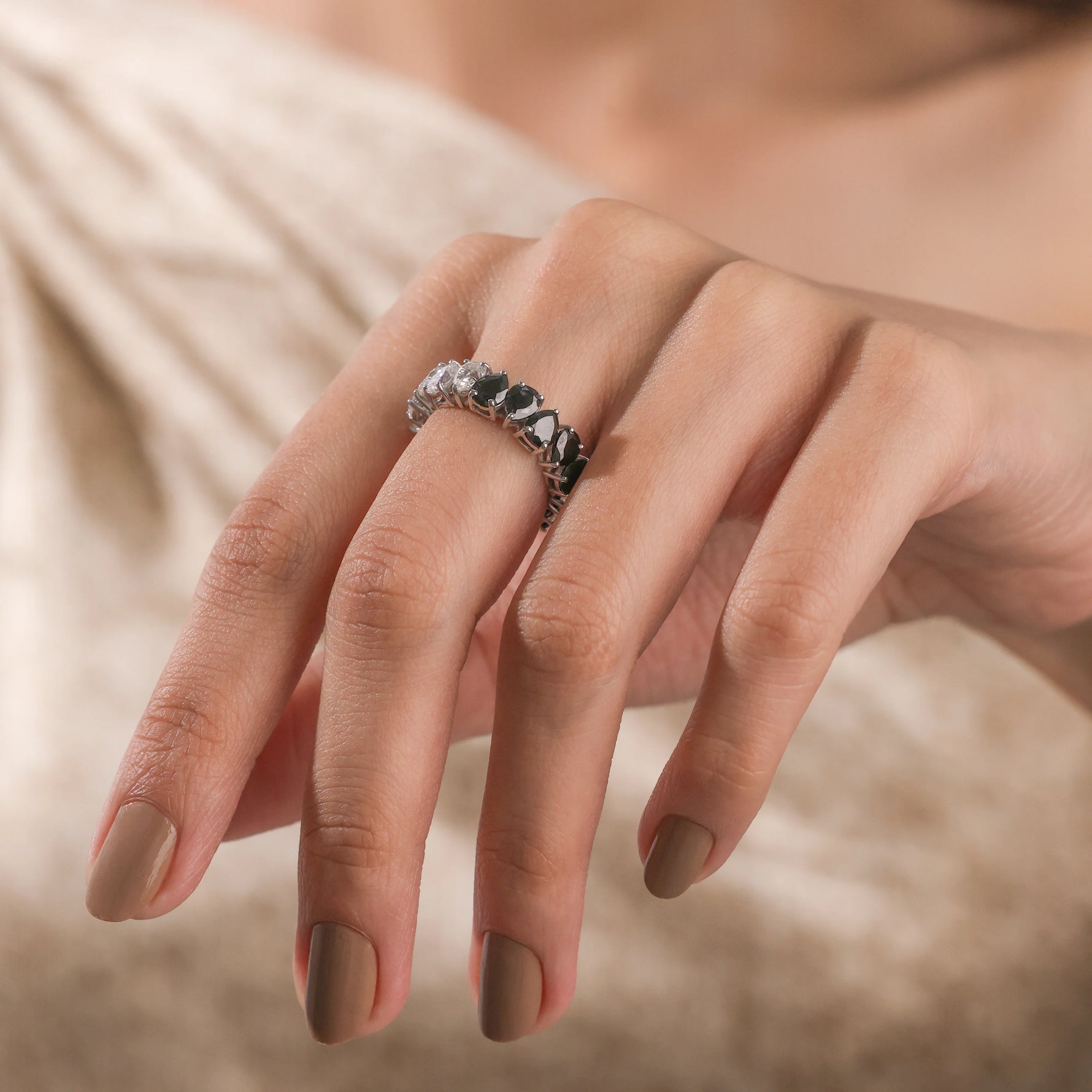 14K White Gold Pear Cut Black Diamond Full Eternity Ring