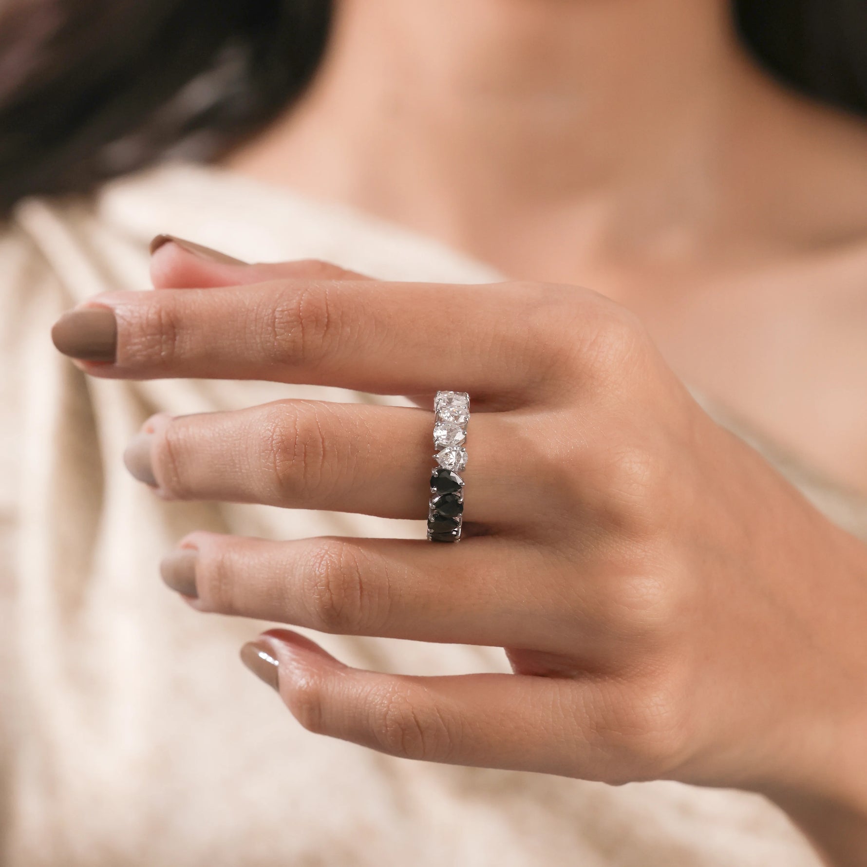 10K White Gold Pear Cut Black Diamond Full Eternity Ring