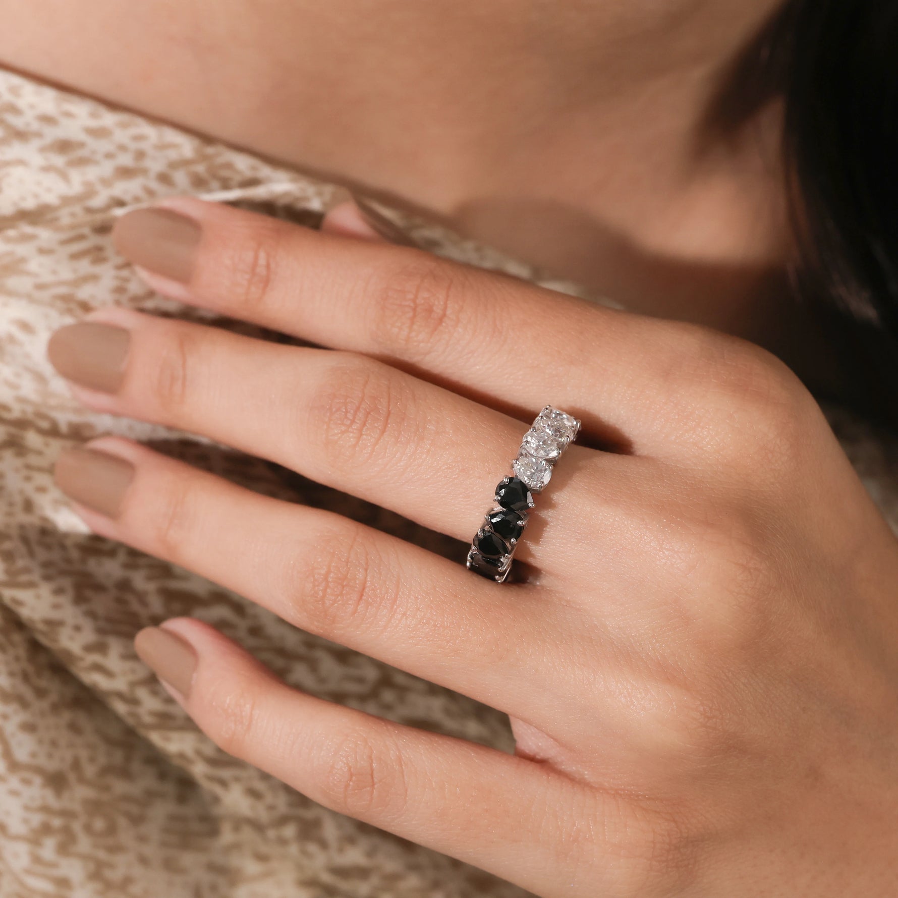 14K White Gold Pear Cut Black Diamond Full Eternity Ring