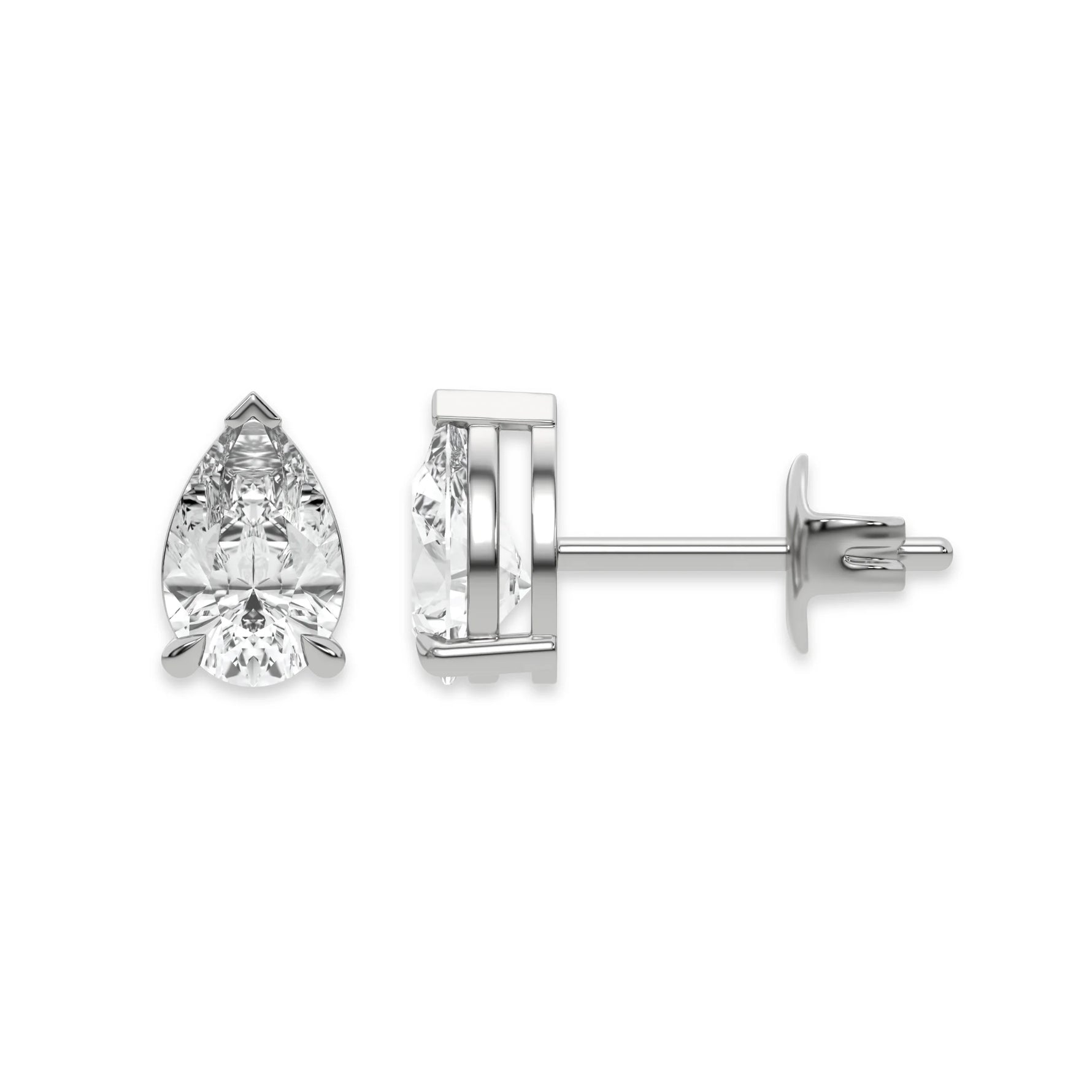 This white gold Classic Pear Diamond Earrings made with a pear-cut diamonds set in a four prong setting in top view and side view