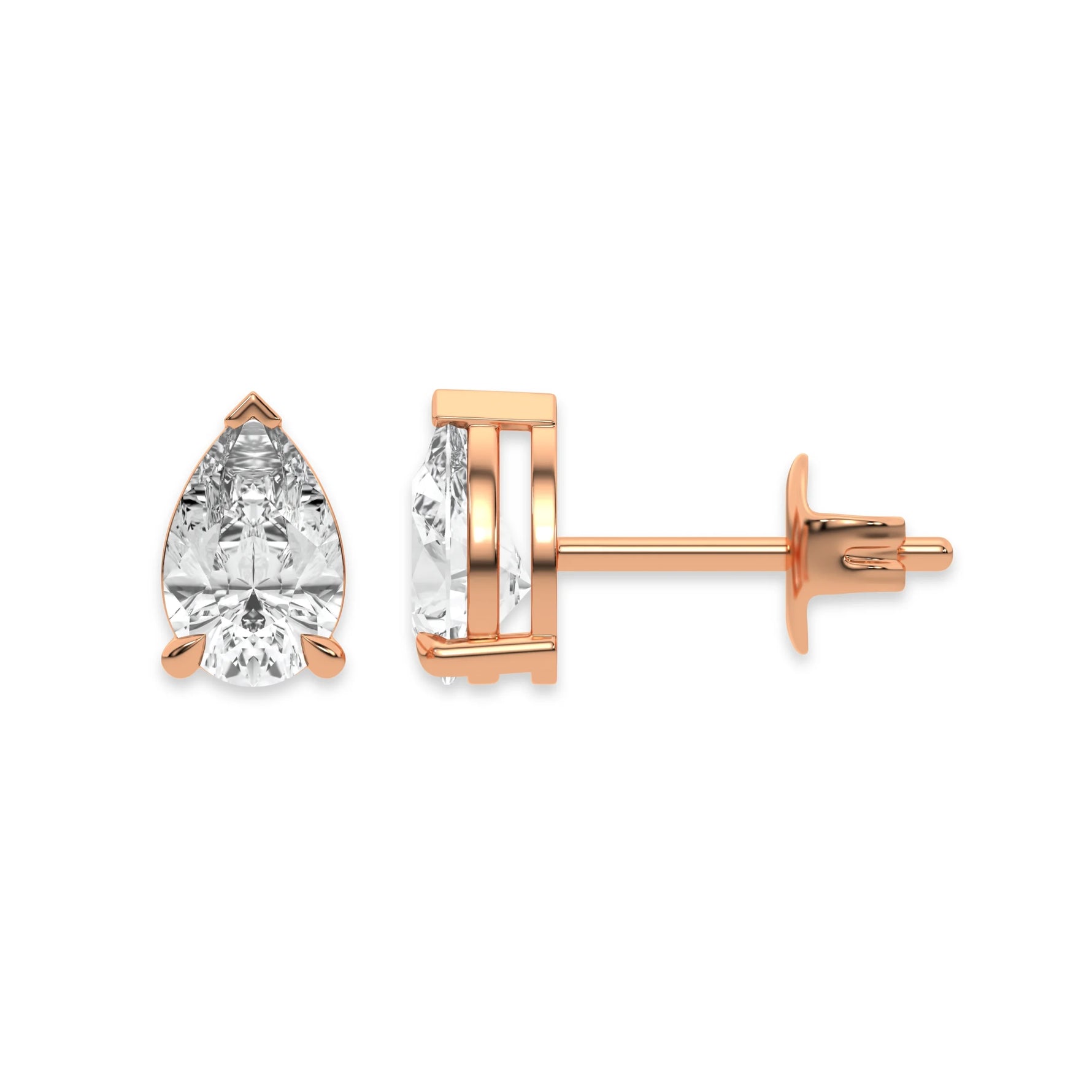 This rose gold Classic Pear Diamond Earrings made with a pear-cut diamonds set in a four prong setting in top view and side view