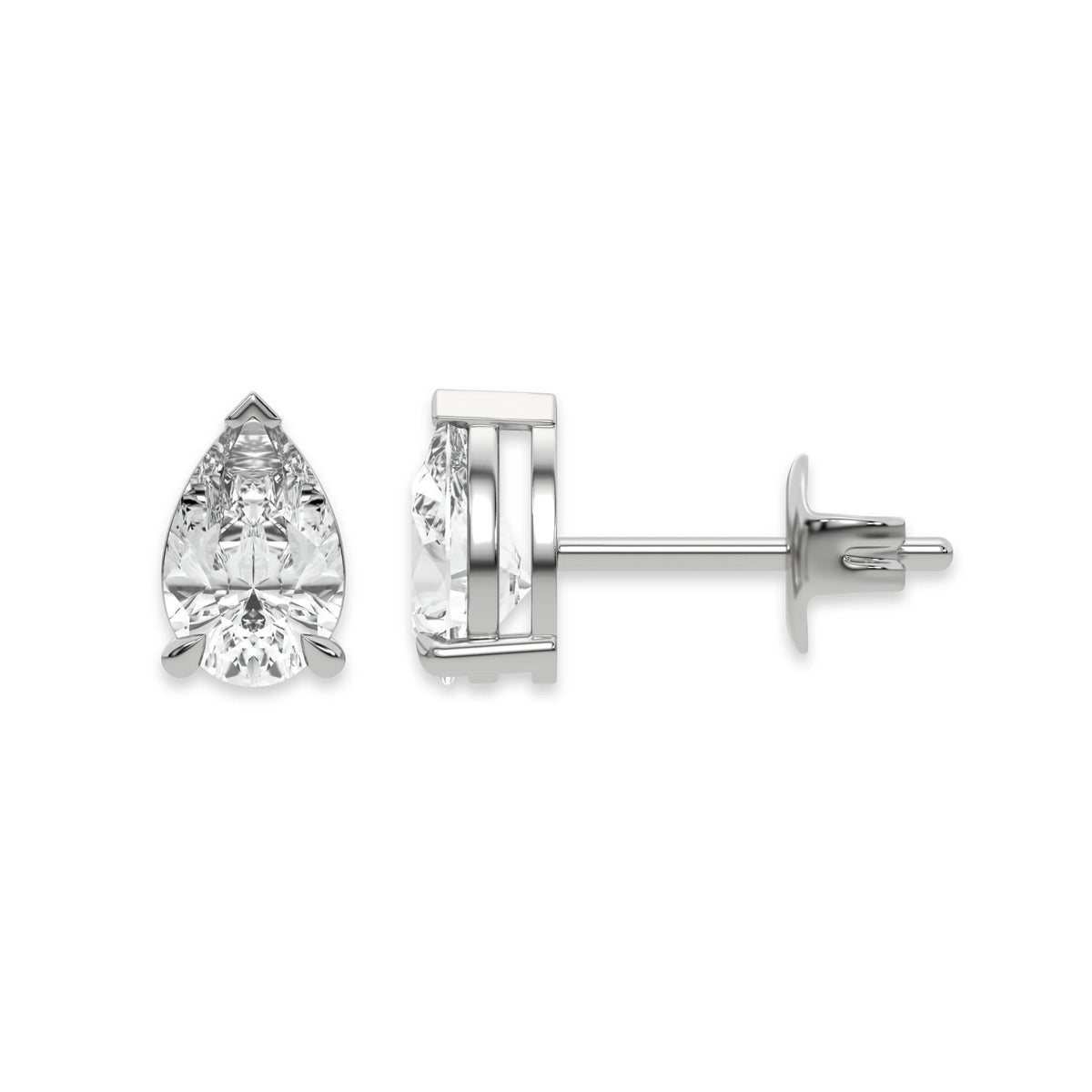 Elegant white gold pear diamond stud earring showing front and profile angles in a secure prong setting with white background.