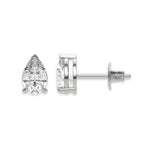Elegant white gold pear diamond stud earring showing front and profile angles in a secure prong setting with white background.