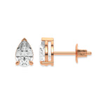 Elegant rose gold pear diamond stud earring showing front and profile angles in a secure prong setting with white background.