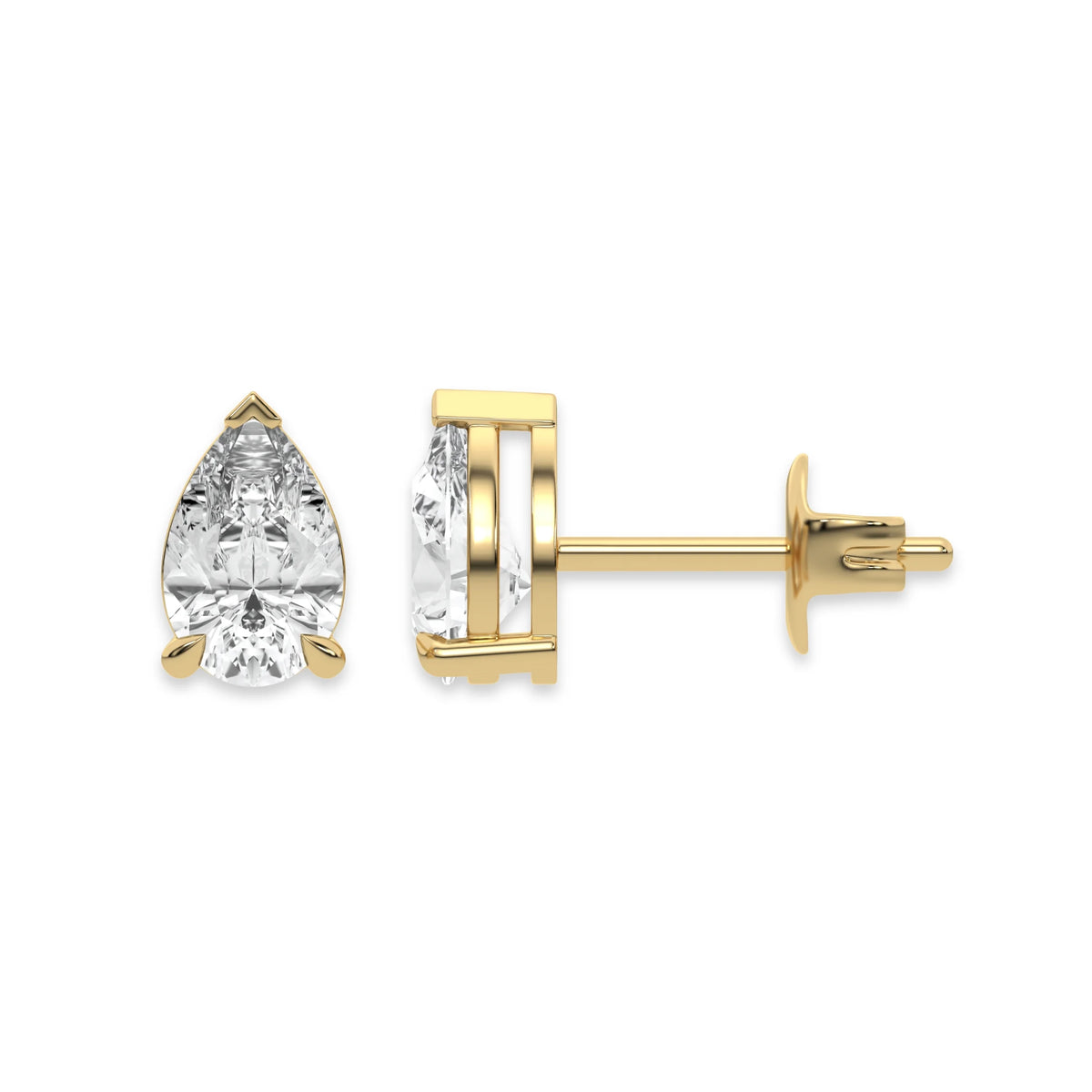 Elegant yellow gold pear diamond stud earring showing front and profile angles in a secure prong setting with white background.