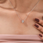 Model wearing a classic white gold Pear Diamond necklace featuring a teardrop bezel-set solitaire pendant.
