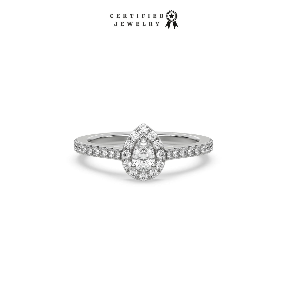 This white gold ring displayed in front view is made with a pear solitaire diamond set in four-prong setting