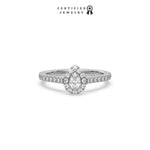 This white gold ring displayed in front view is made with a pear solitaire diamond set in four-prong setting