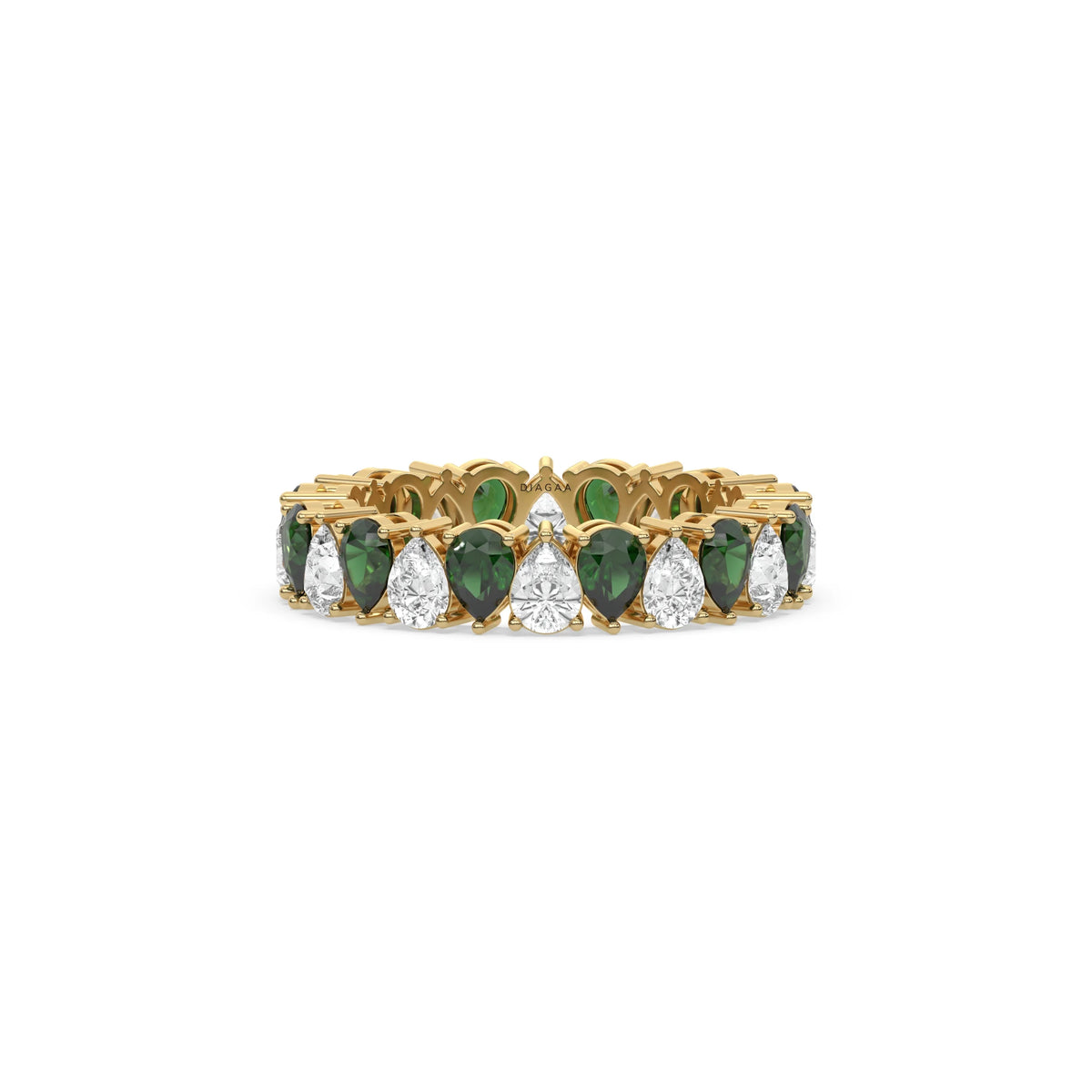18K Yellow Gold Pear Diamond and Emerald Gemstone Eternity Ring