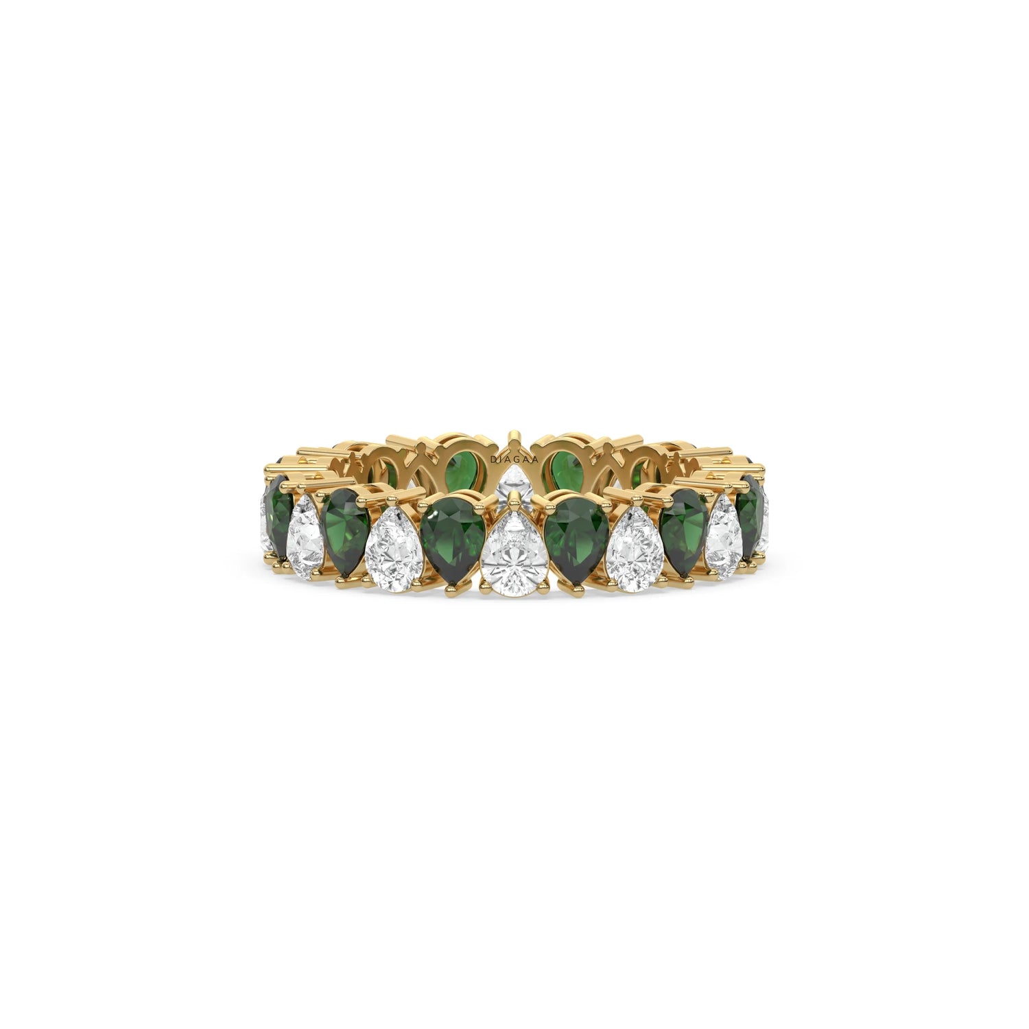 18K Yellow Gold Pear Diamond and Emerald Gemstone Eternity Ring