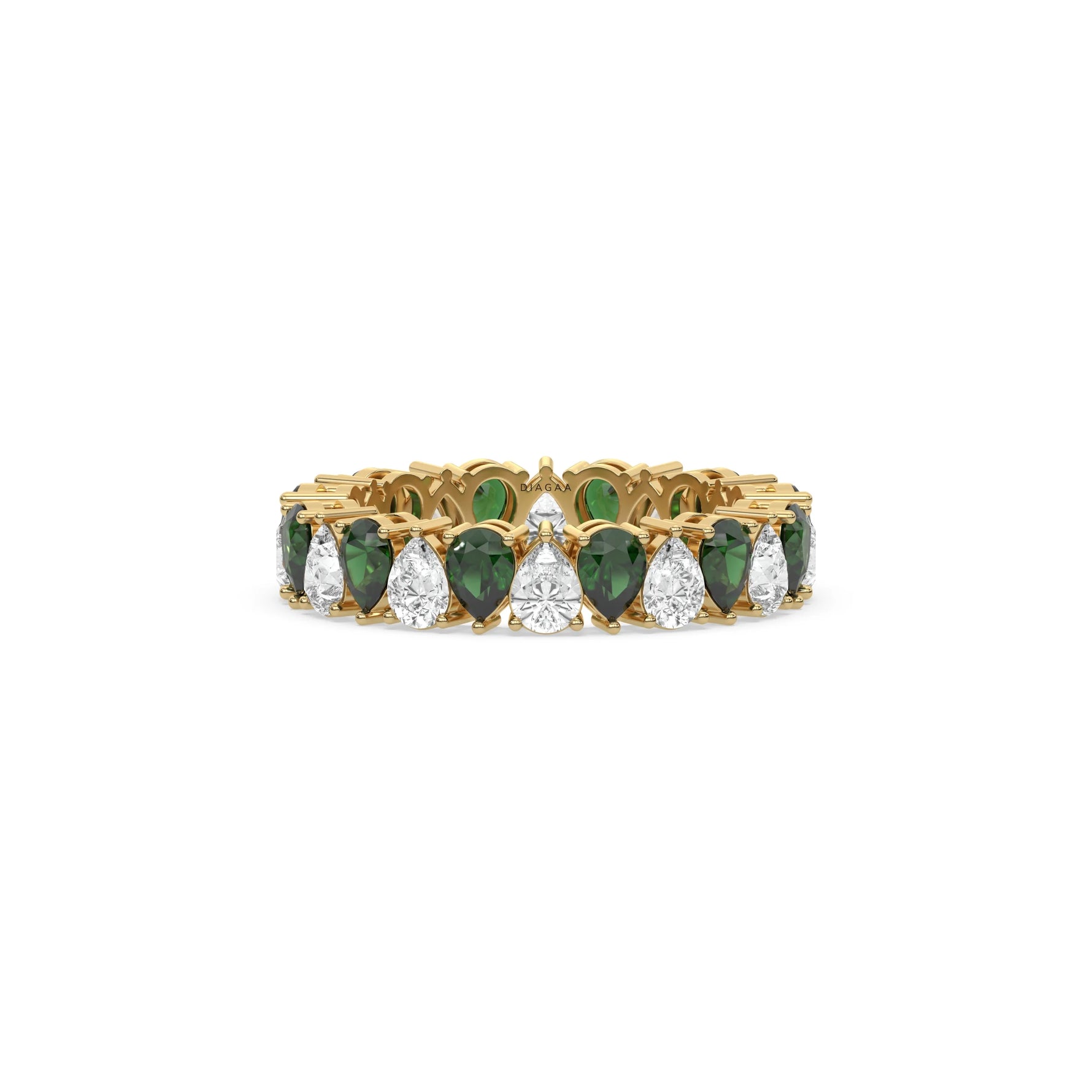 18K Yellow Gold Pear Diamond and Emerald Gemstone Eternity Ring