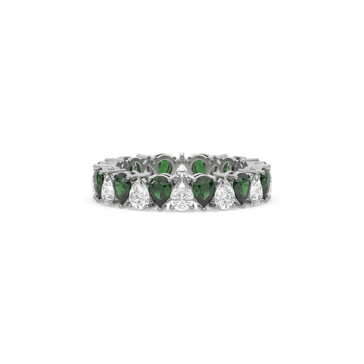 18K White Gold Pear Diamond and Emerald Gemstone Eternity Ring