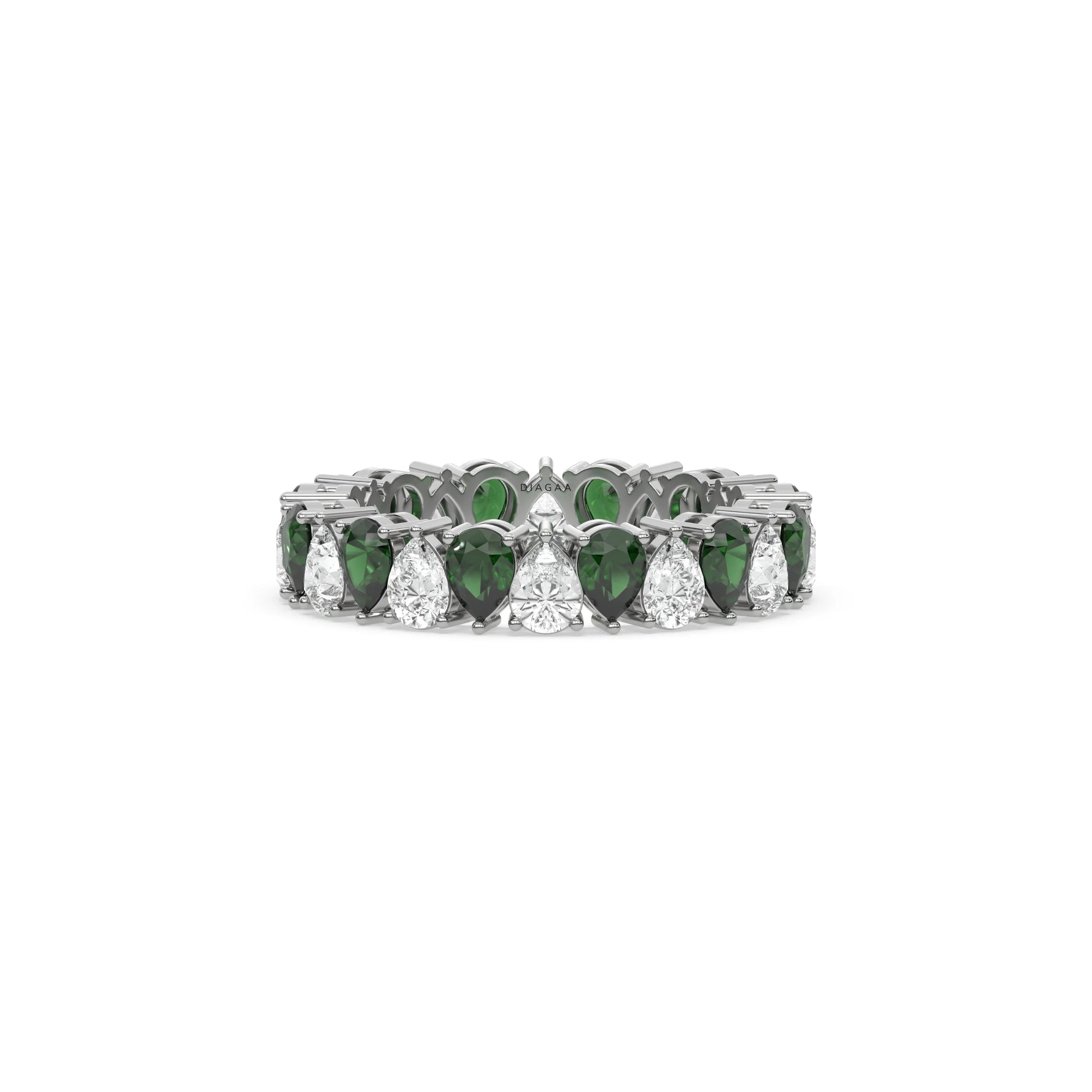 18K White Gold Pear Diamond and Emerald Gemstone Eternity Ring