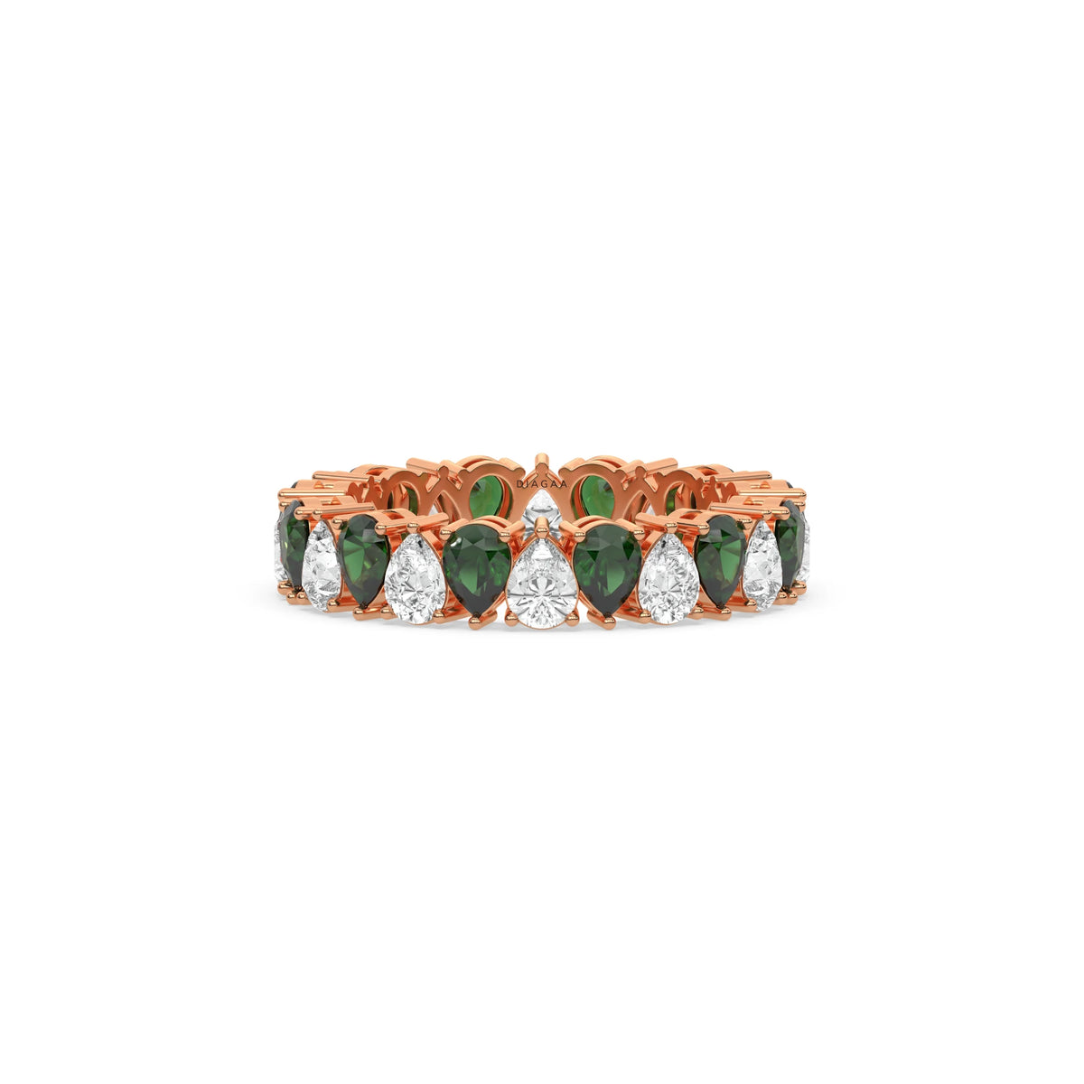 14K Rose Gold Pear Diamond and Emerald Gemstone Eternity Ring