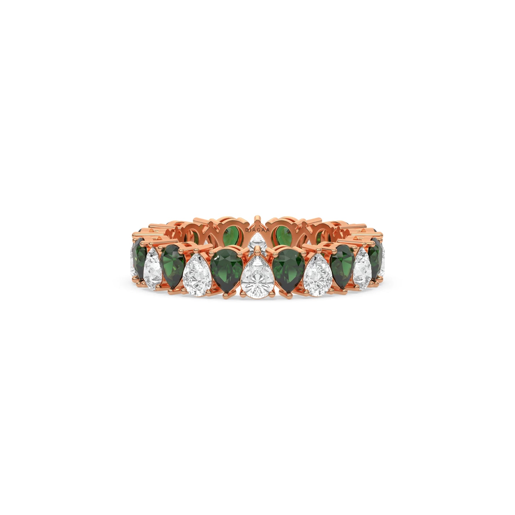 14K Rose Gold Pear Diamond and Emerald Gemstone Eternity Ring