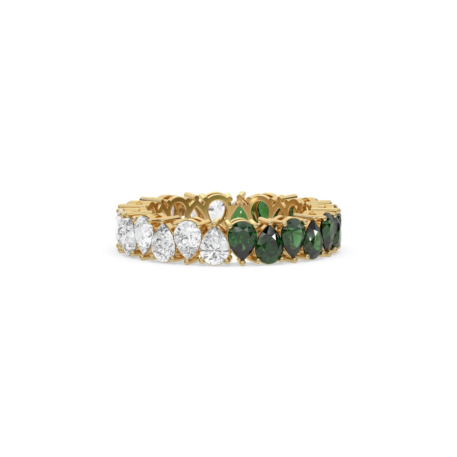 18K Yellow Gold Pear Diamond and Emerald Gemstone Eternity Ring