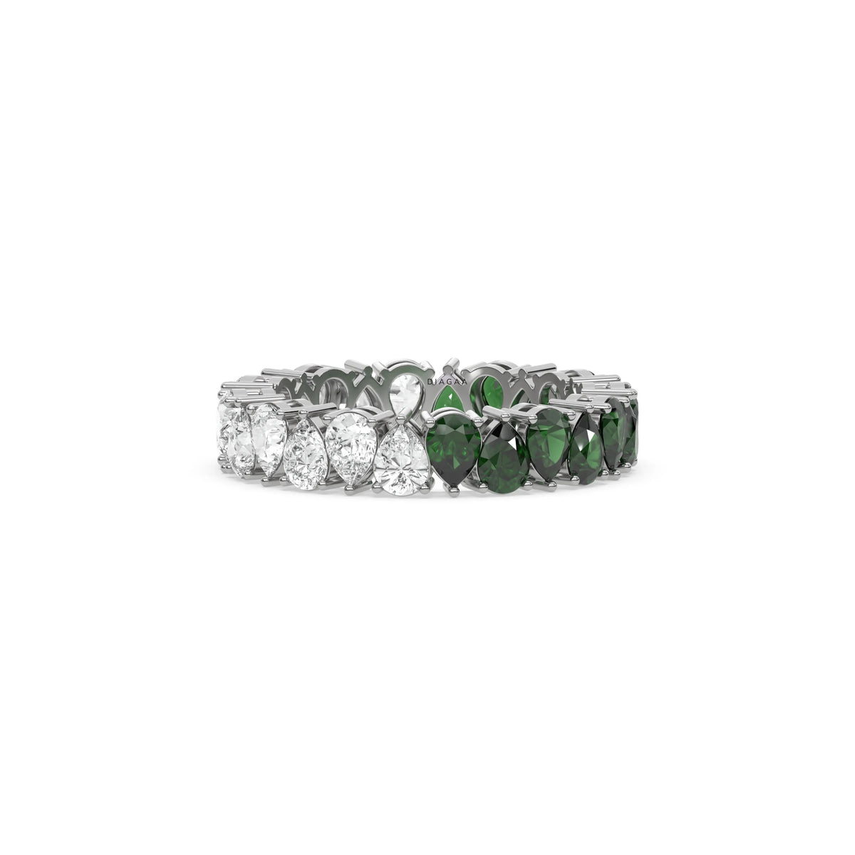 18K White Gold Pear Diamond and Emerald Gemstone Eternity Ring