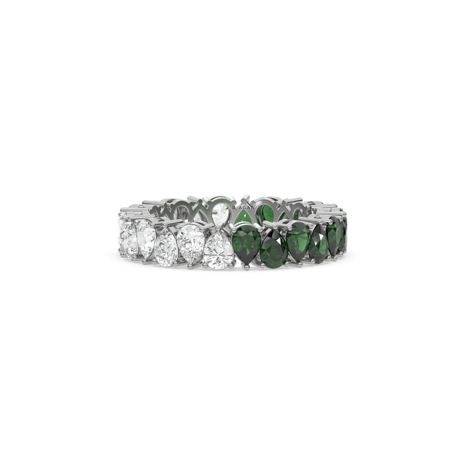 18K White Gold Pear Diamond and Emerald Gemstone Eternity Ring