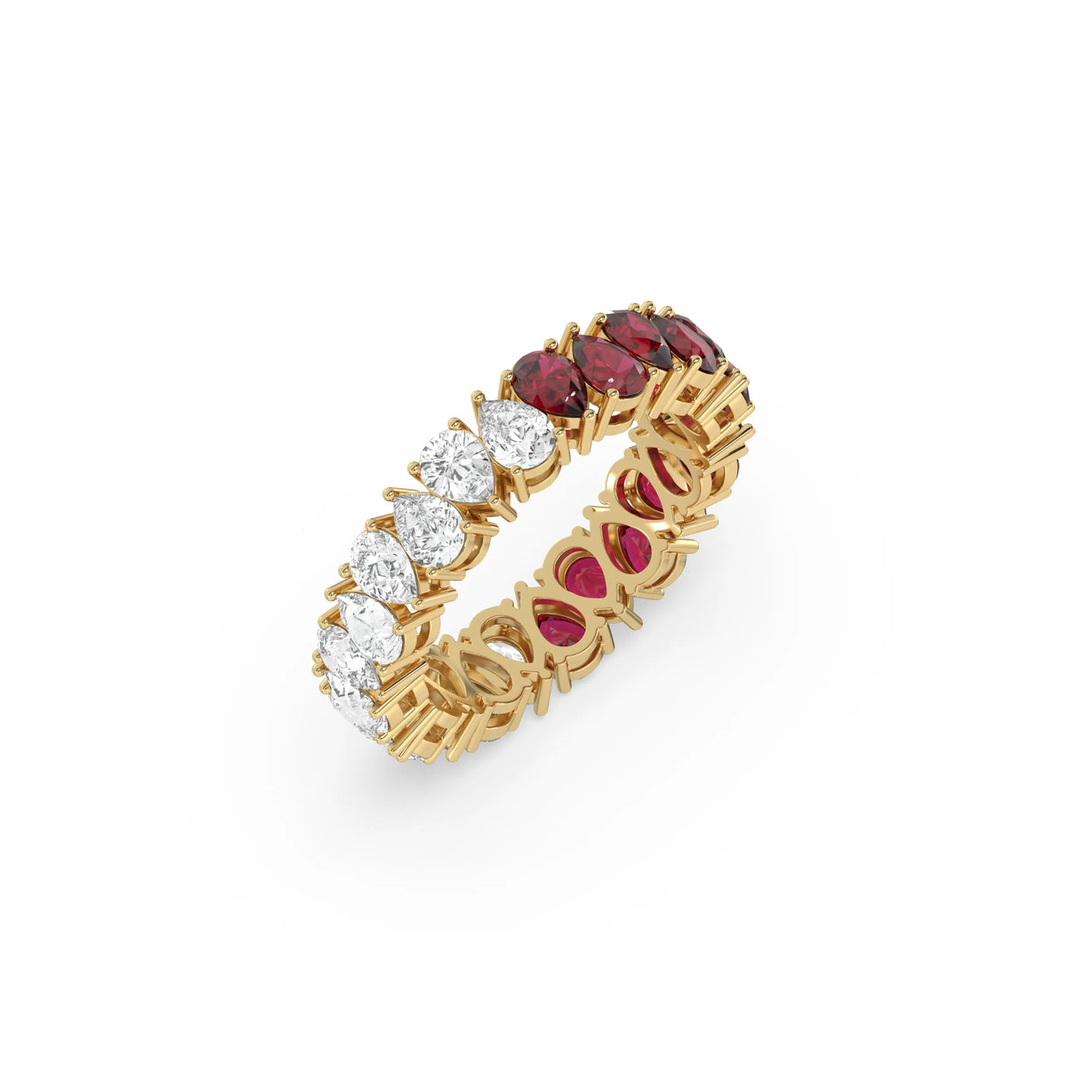 18K Yellow Gold Pear Diamond and Ruby Gemstone Eternity Ring