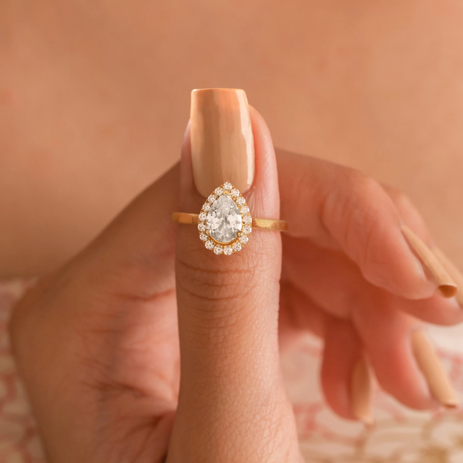 18K Gold 2CT Pear Diamond Halo Engagement Ring