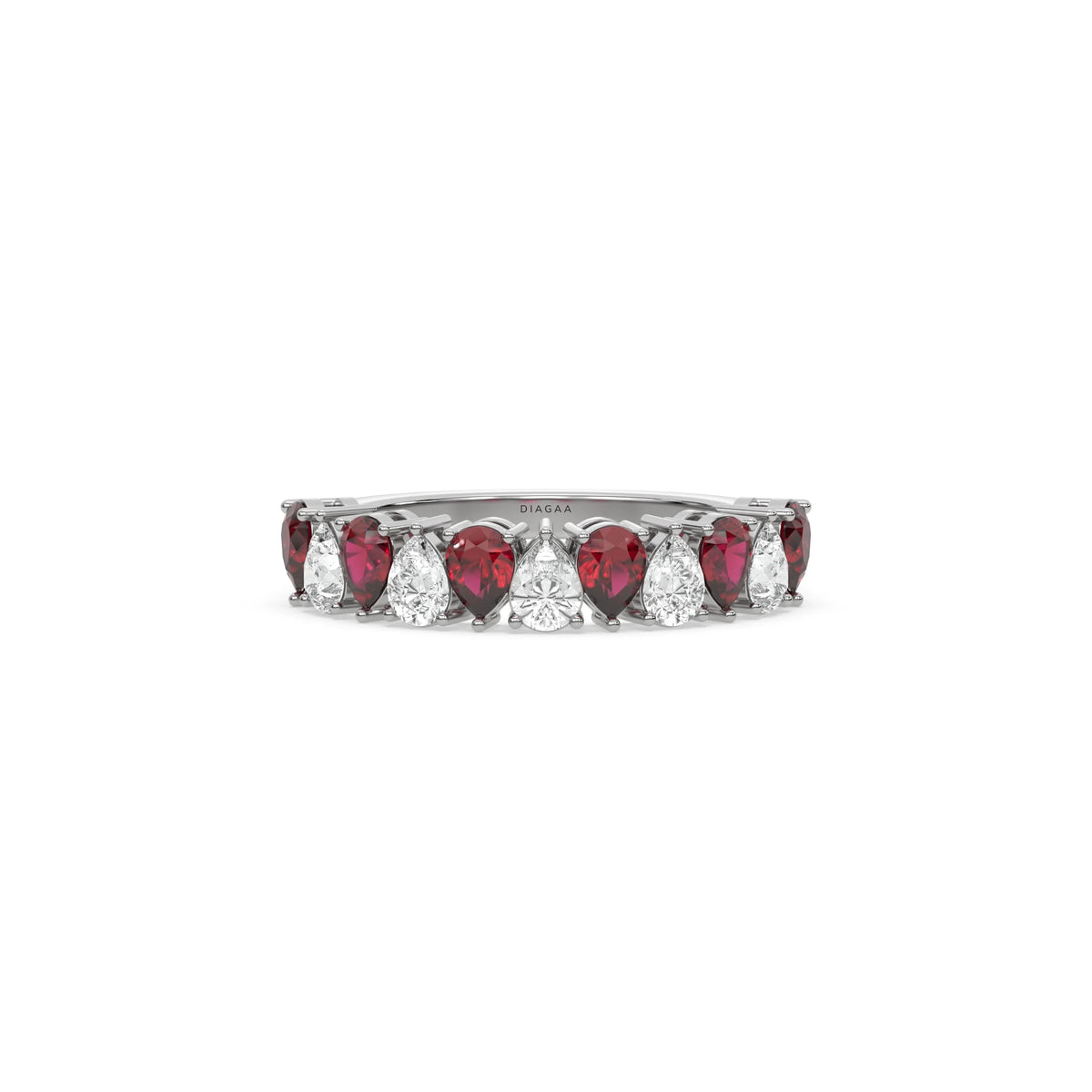 18K White Gold Pear Ruby Gemstone and Diamond Half Eternity Ring 