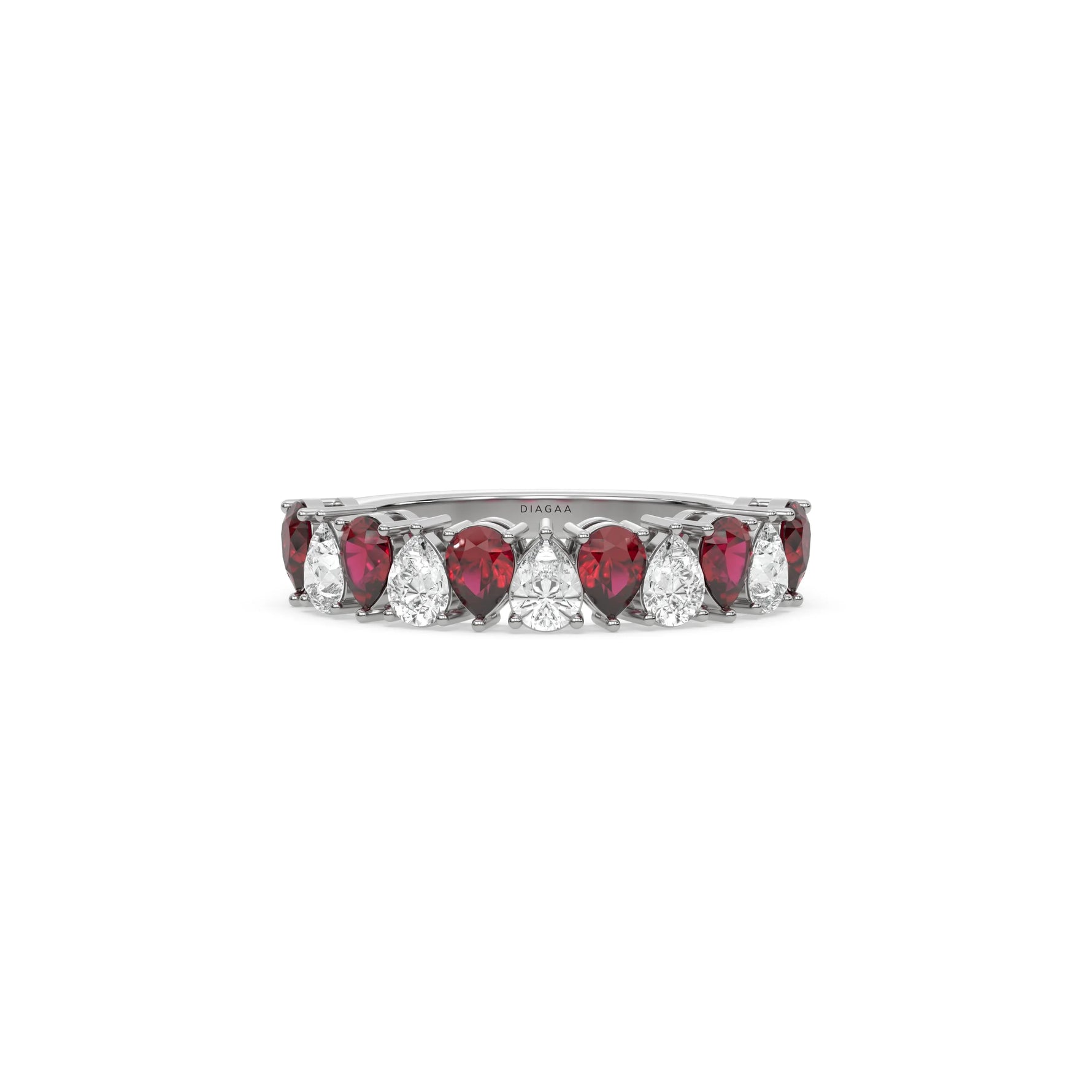18K White Gold Pear Ruby Gemstone and Diamond Half Eternity Ring 