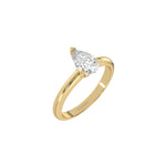 This yellow gold ring features a pear solitaire diamond elegantly secured in a three-prong setting on a solid gold band in 3D view