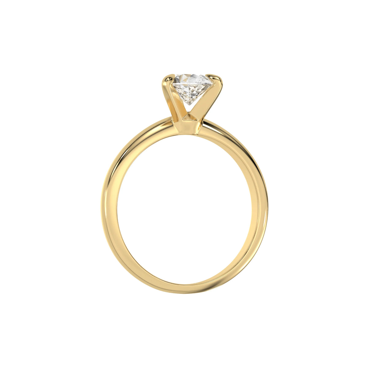 This yellow gold ring features a pear solitaire diamond elegantly secured in a three-prong setting on a solid gold band in through finger view