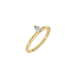 This yellow gold ring features a pear solitaire diamond elegantly secured in a three-prong setting on a solid gold band in 3D view