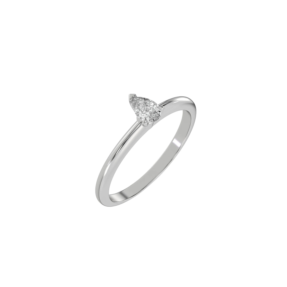 This white gold ring features a pear solitaire diamond elegantly secured in a three-prong setting on a solid gold band in 3D view