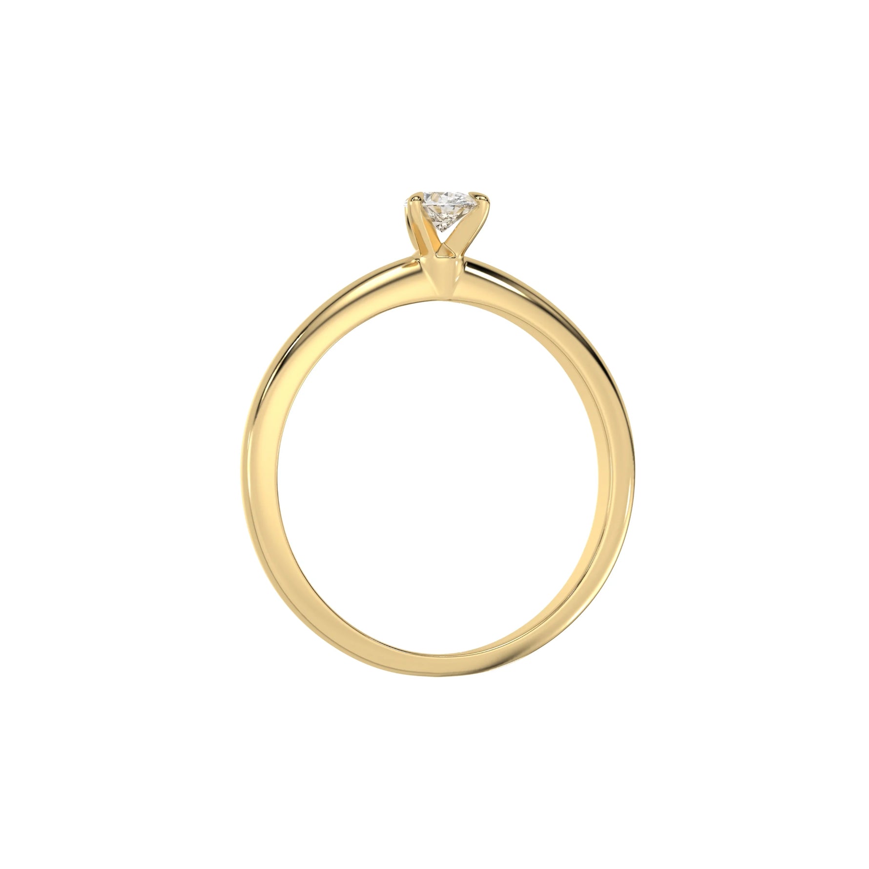 This yellow gold ring features a pear solitaire diamond elegantly secured in a three-prong setting on a solid gold band in through finger view