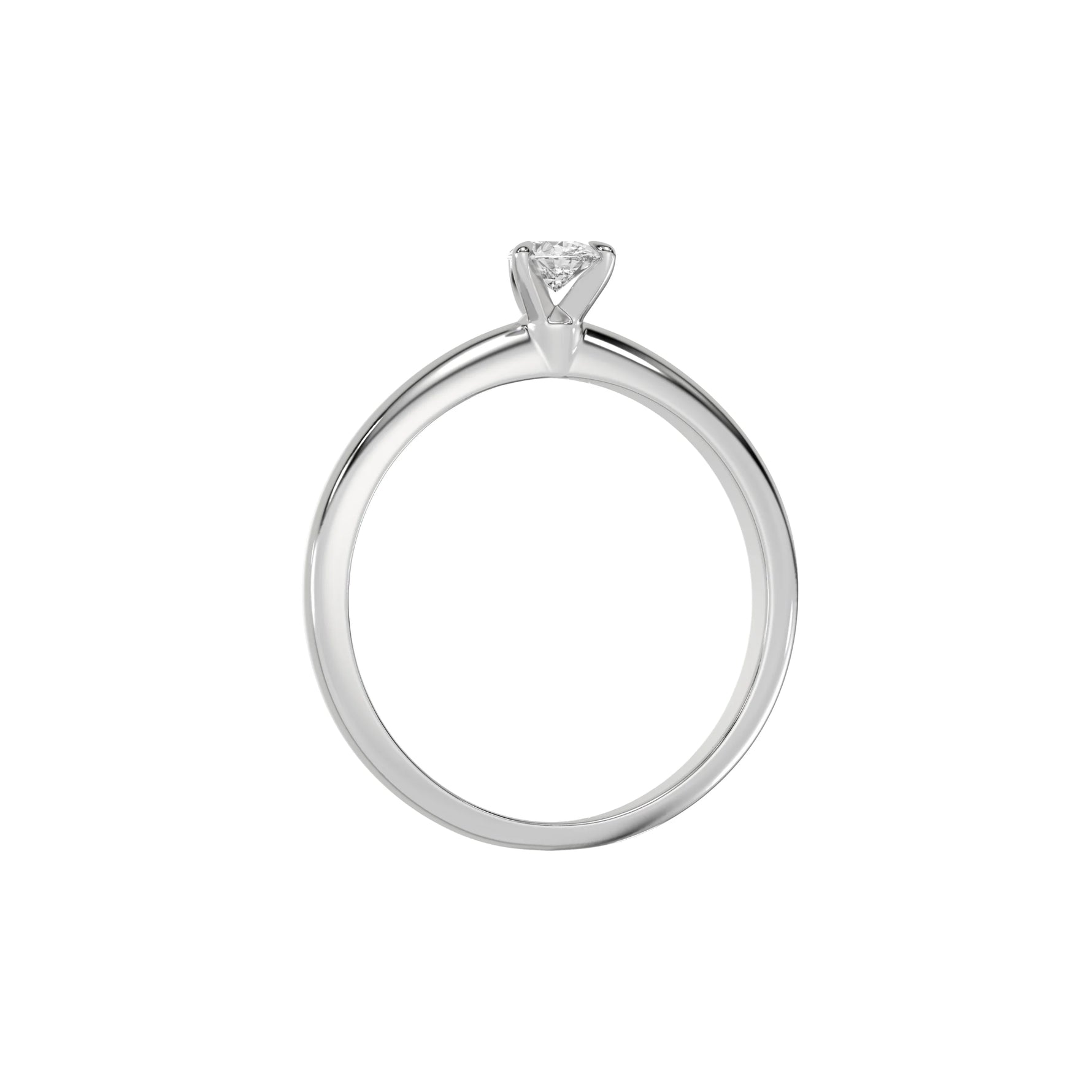 This white gold ring features a pear solitaire diamond elegantly secured in a three-prong setting on a solid gold band in through finger view