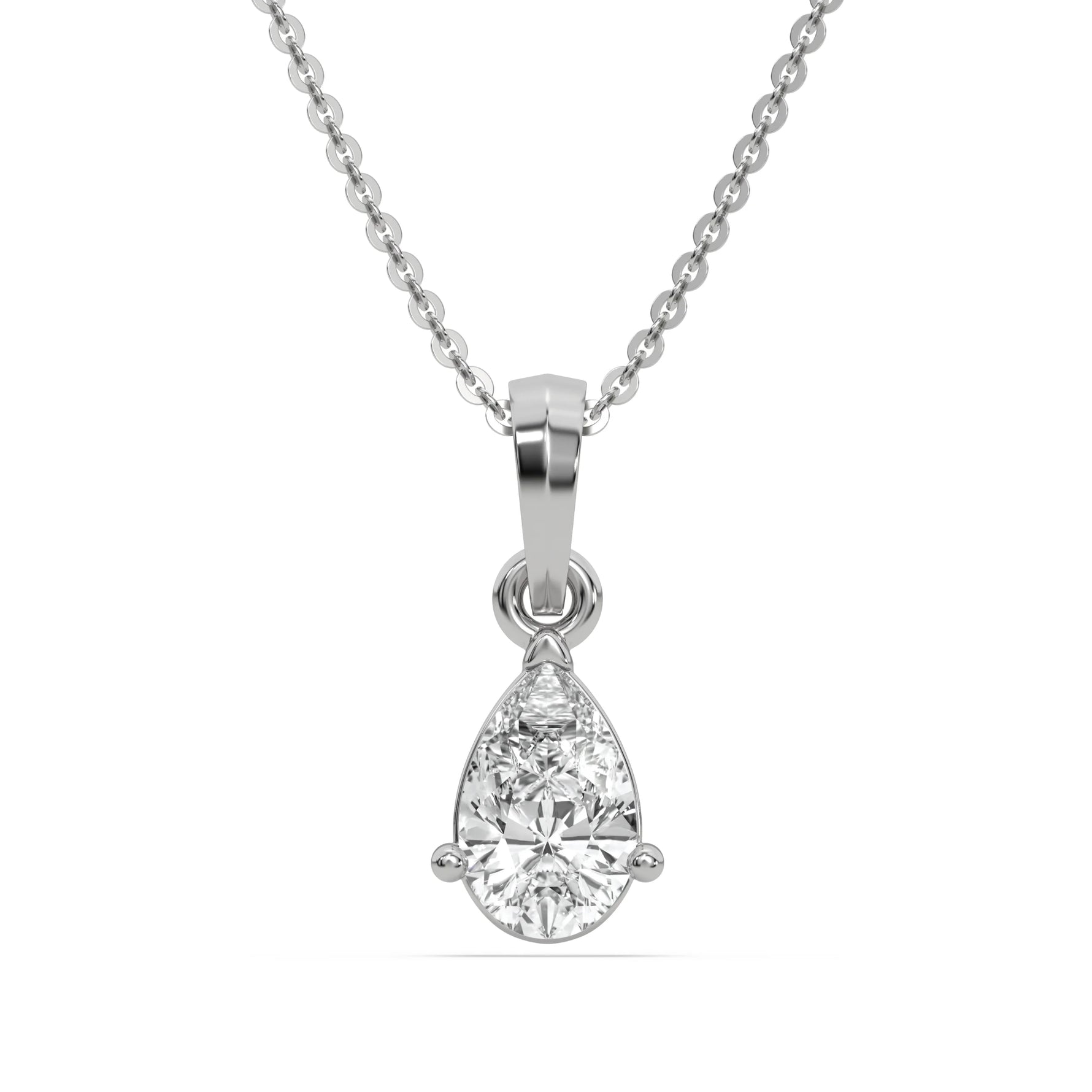 This white gold Pear Solitaire Diamond Necklace made with a pear cut diamond in a four prong setting with adjustable chain in top view