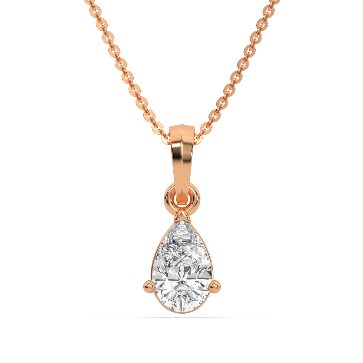 This rose gold Pear Solitaire Diamond Necklace made with a pear cut diamond in a four prong setting with adjustable chain in top view