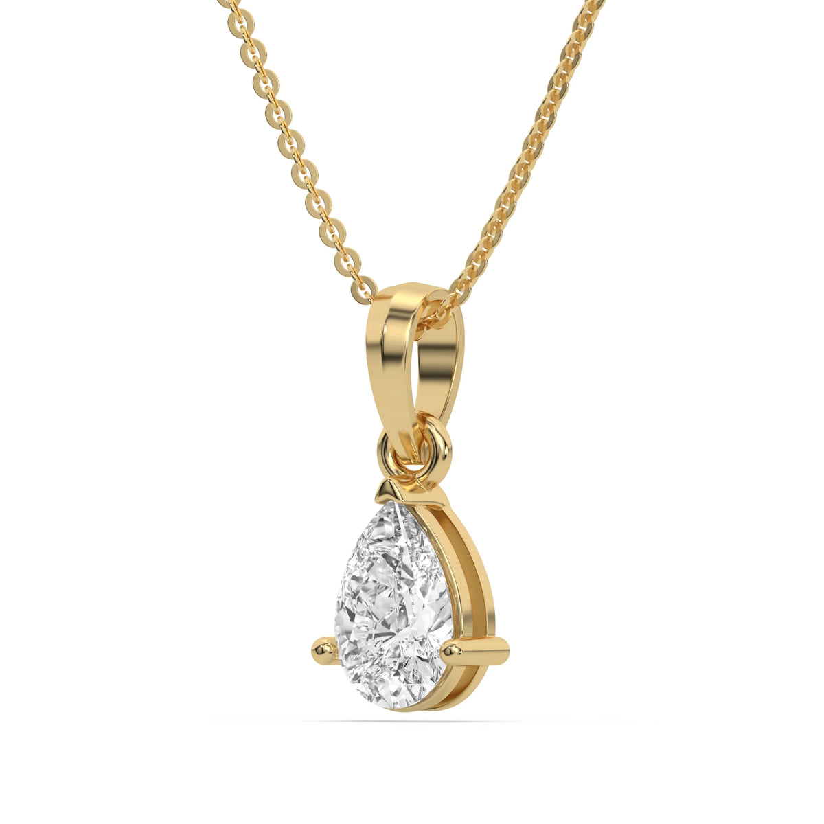 This yellow gold Pear Solitaire Diamond Necklace made with a pear cut diamond in a four prong setting with adjustable chain in side view