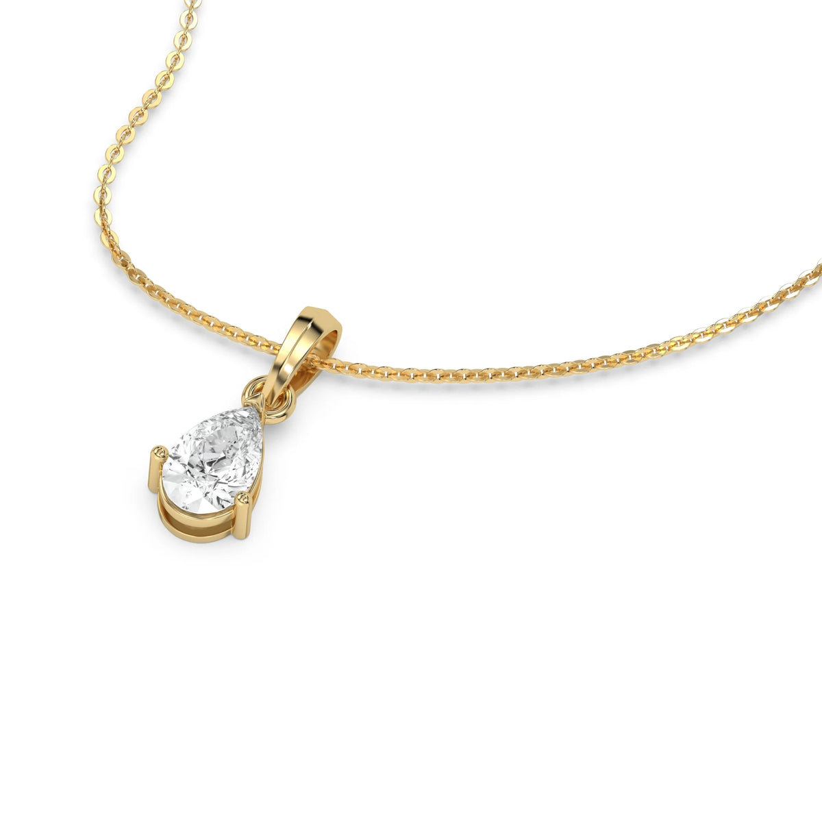 This yellow gold Pear Solitaire Diamond Necklace made with a pear cut diamond in a four prong setting with adjustable chain in 3d view