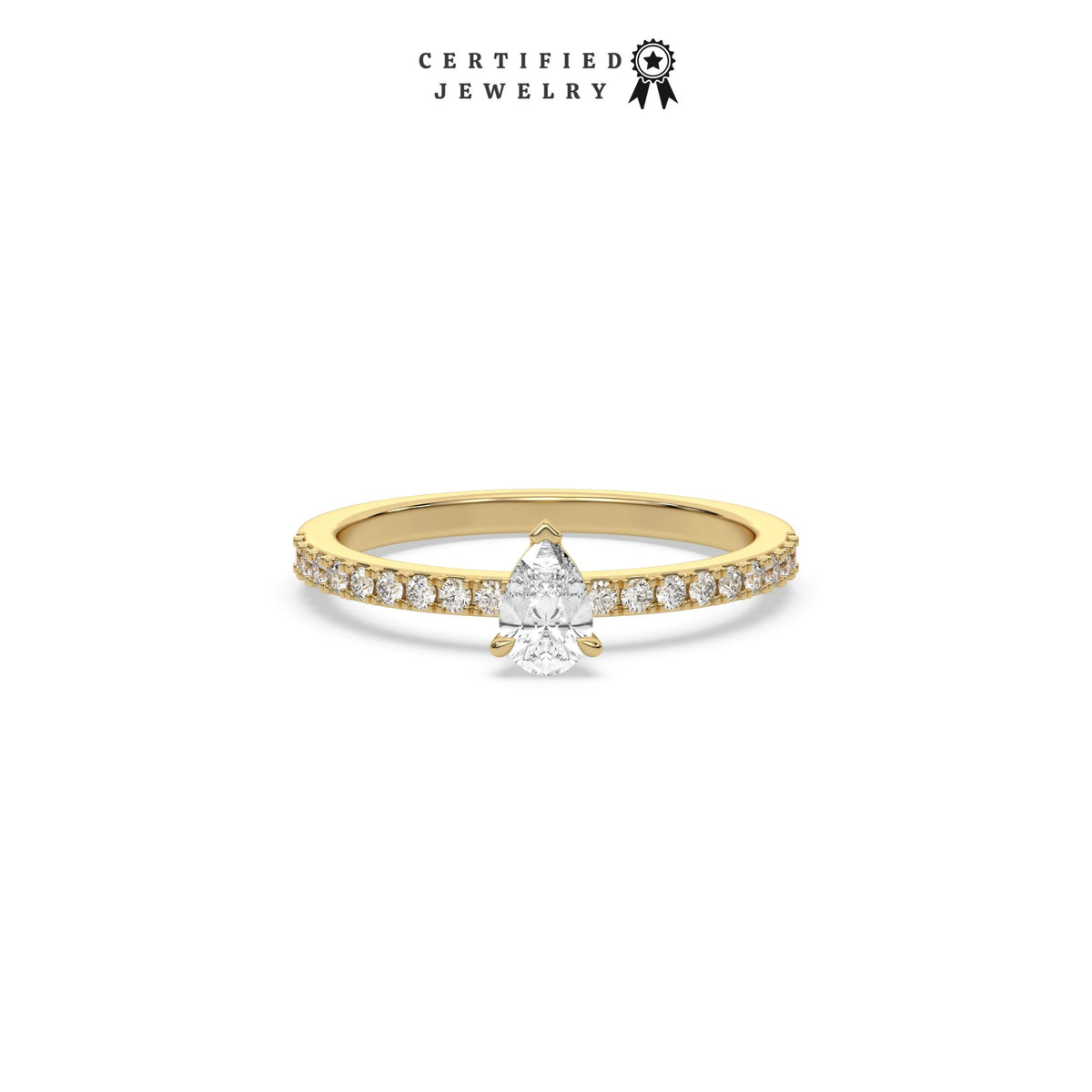 This yellow gold ring displayed in front view is made with a Pear solitaire diamond set in four-prong setting