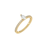 This yellow gold ring is made with a pear solitaire diamond set in three-prong setting, and is complemented by a round pave diamonds band in 3D view