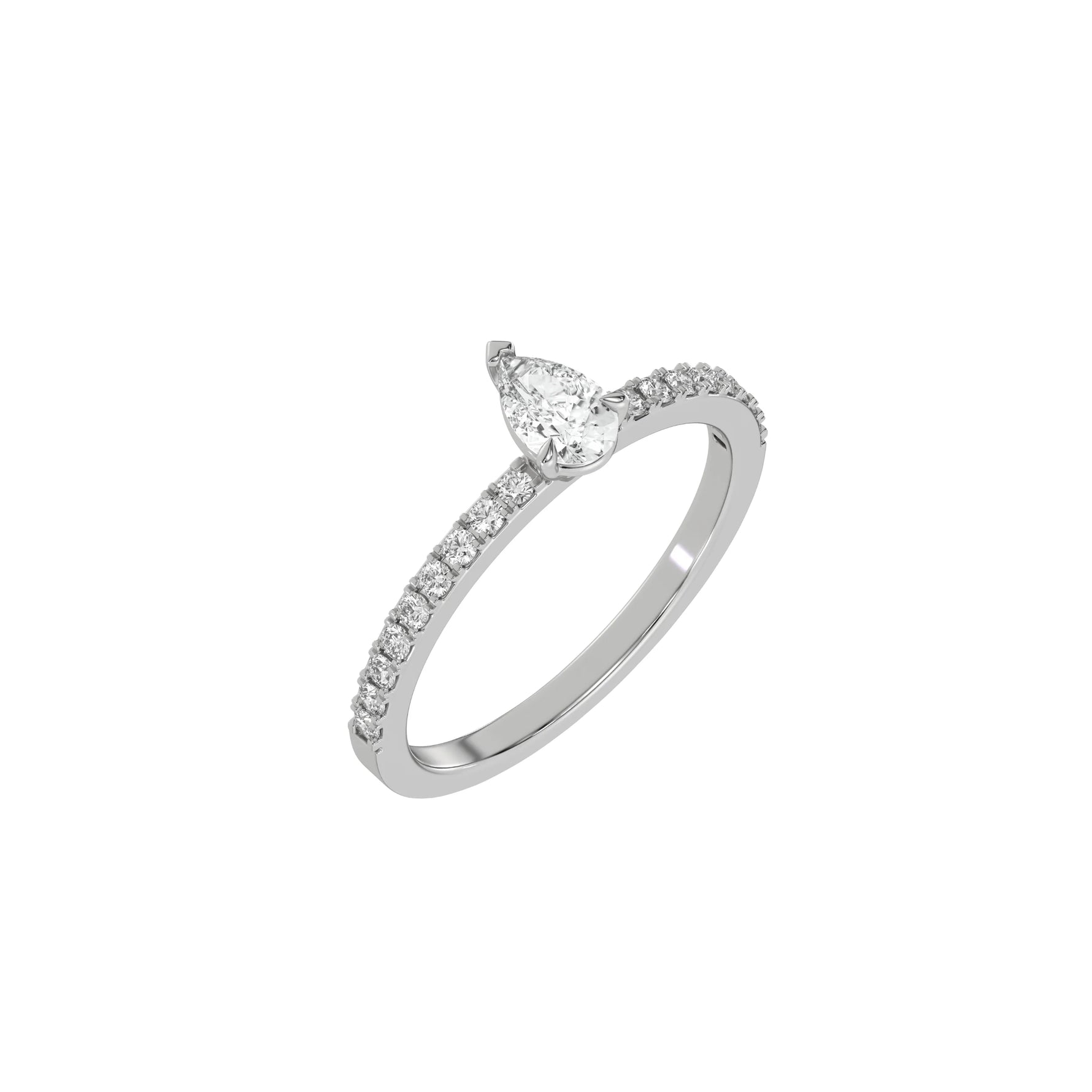 This white gold ring is made with a pear solitaire diamond set in three-prong setting, and is complemented by a round pave diamonds band in 3D view