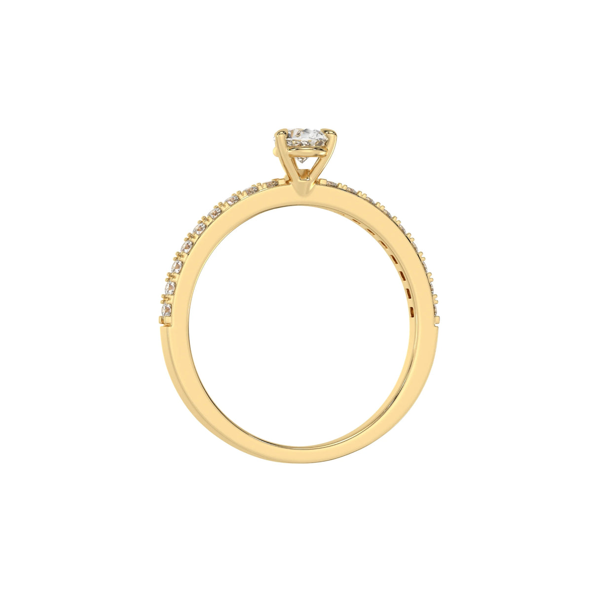 This yellow gold ring is made with a pear solitaire diamond set in three-prong setting, and is complemented by a round pave diamonds band in through finger view