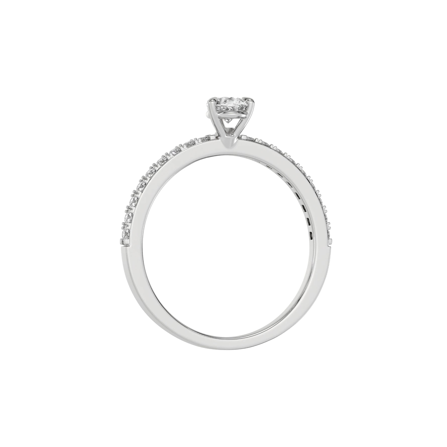 This white gold ring is made with a pear solitaire diamond set in three-prong setting, and is complemented by a round pave diamonds band in through finger view