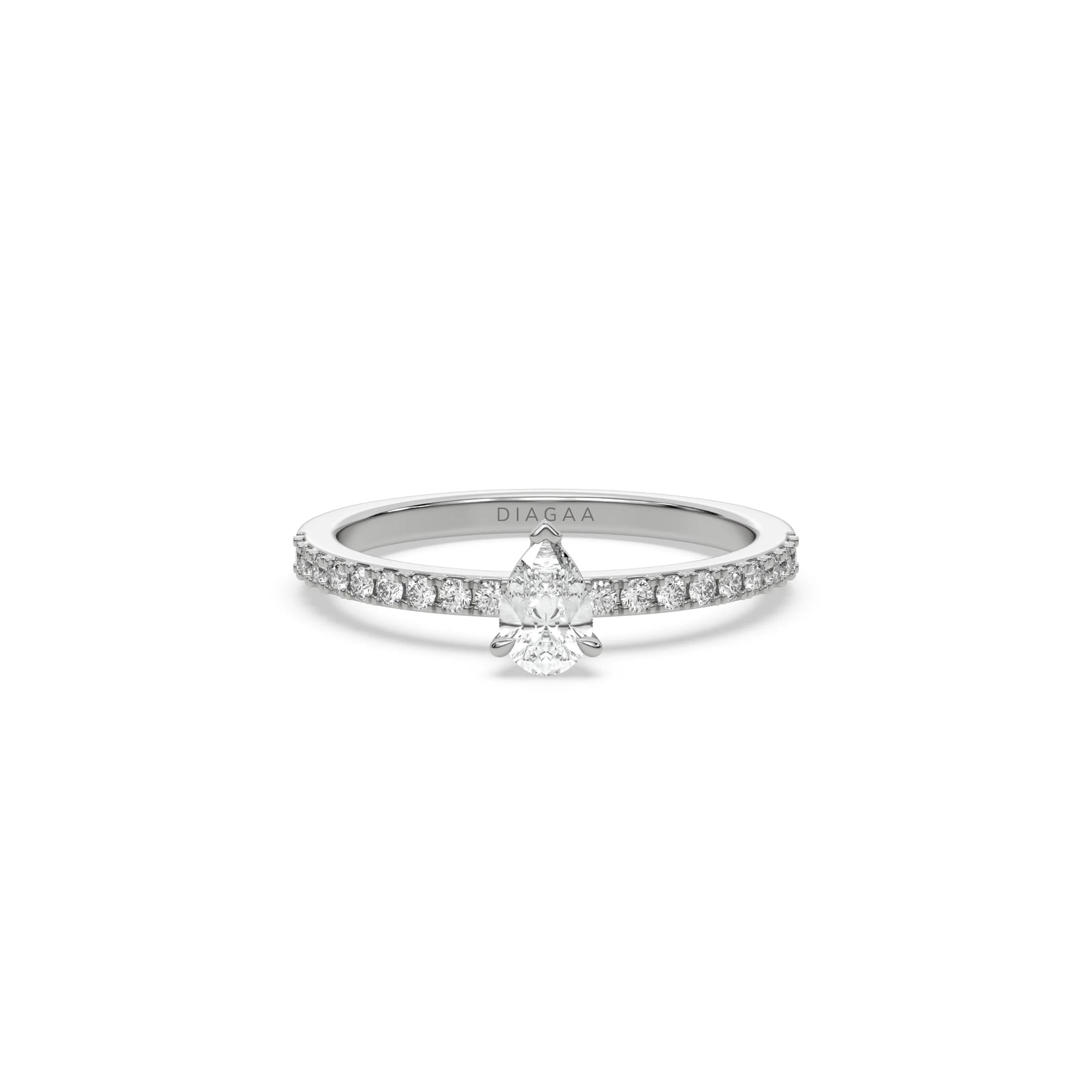 This white gold ring displayed in front view is made with a Pear solitaire diamond set in four-prong setting