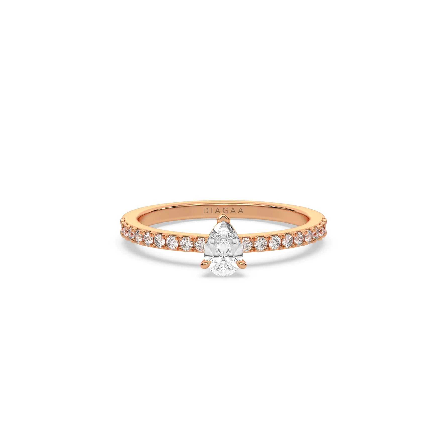 This rose gold ring displayed in front view is made with a Pear solitaire diamond set in four-prong setting