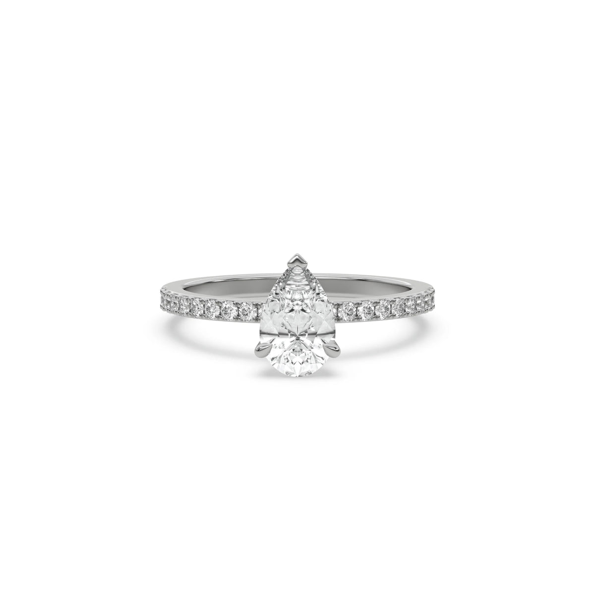 This white gold ring displayed in front view is made with a Pear solitaire diamond set in four-prong setting