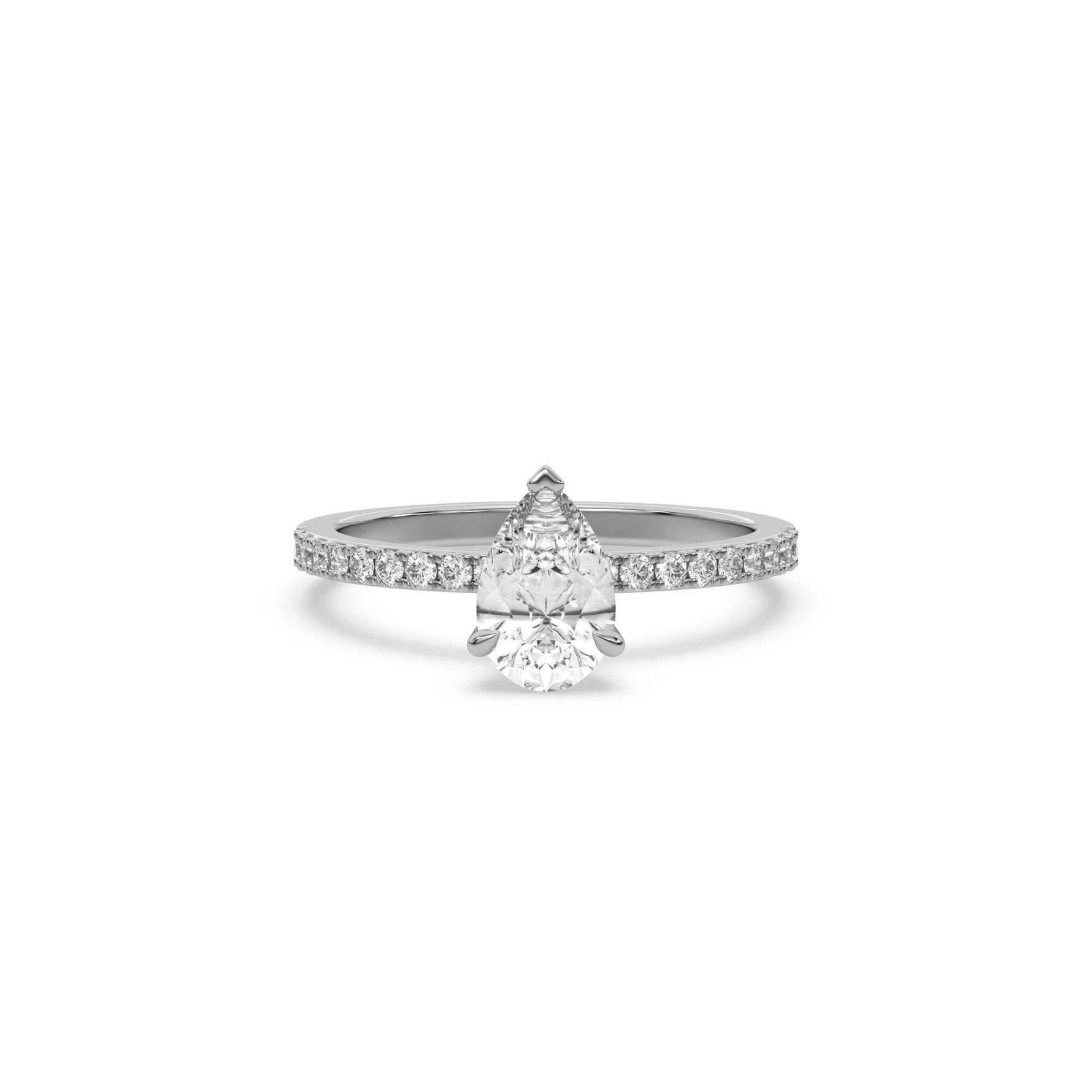 This white gold ring displayed in front view is made with a Pear solitaire diamond set in four-prong setting