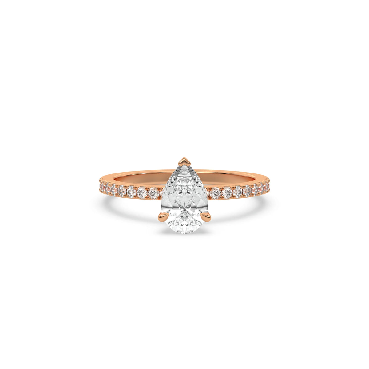 This rose gold ring displayed in front view is made with a Pear solitaire diamond set in four-prong setting