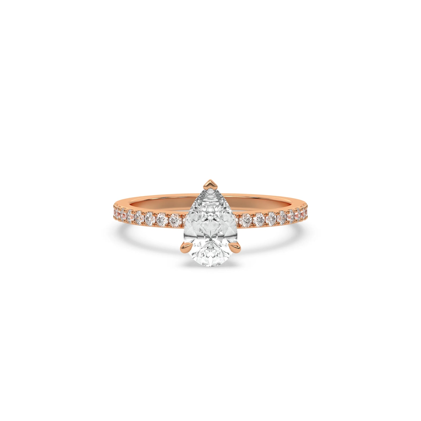 This rose gold ring displayed in front view is made with a Pear solitaire diamond set in four-prong setting