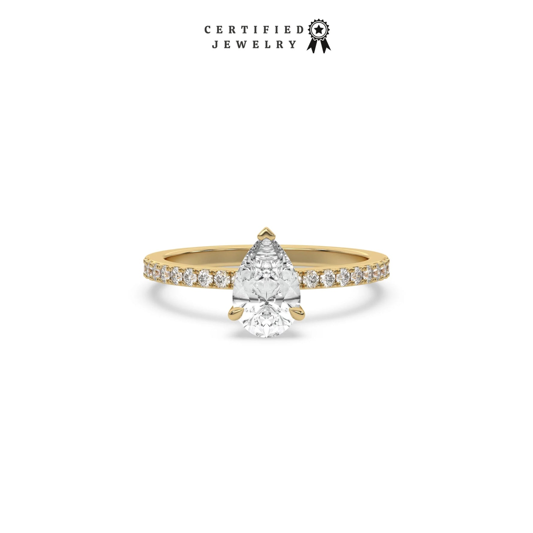 This yellow gold ring displayed in front view is made with a Pear solitaire diamond set in four-prong setting