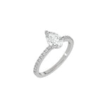 This white gold ring is made with a pear solitaire diamond set in three-prong setting, and is complemented by a round pave diamonds band in 3D view