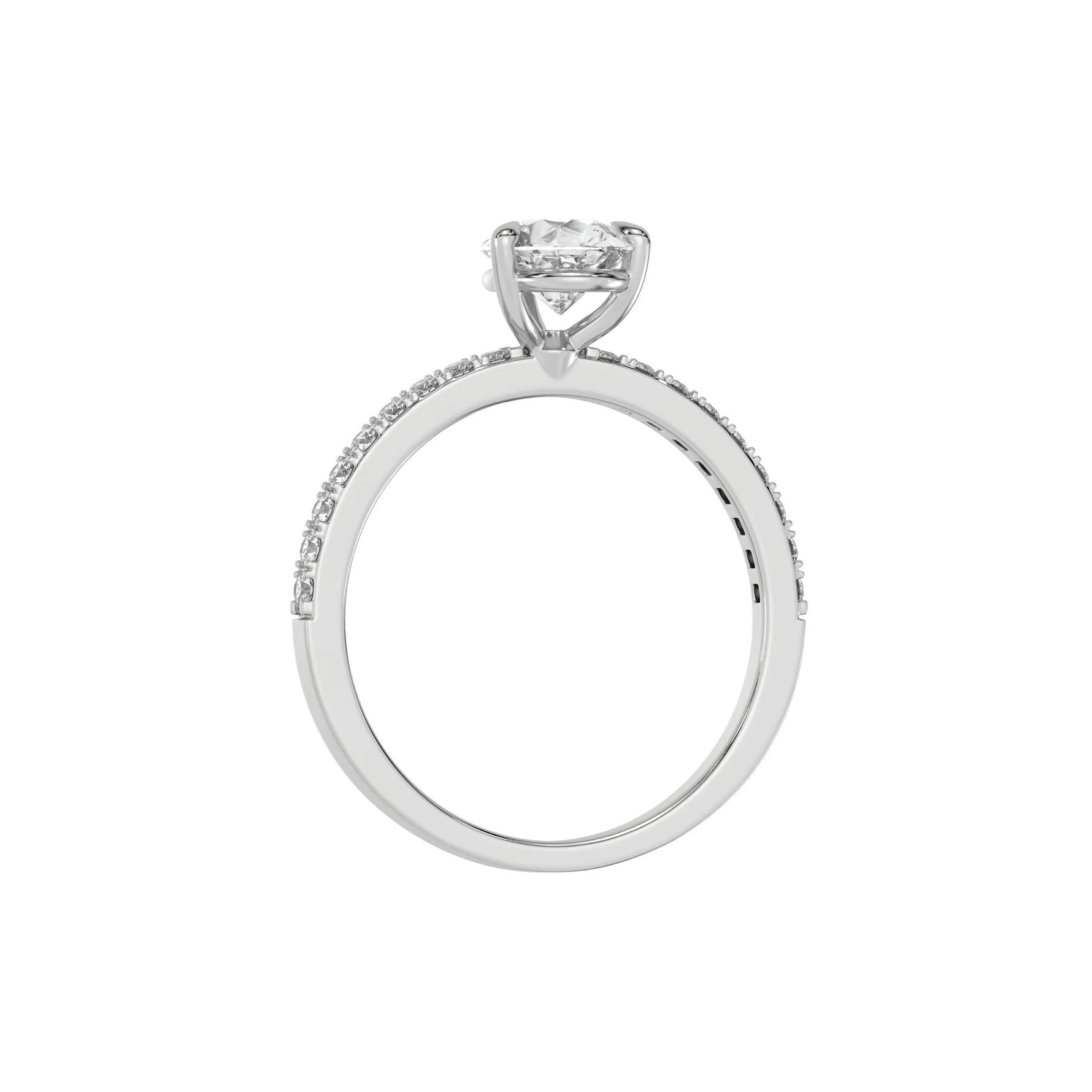 This white gold ring is made with a pear solitaire diamond set in three-prong setting, and is complemented by a round pave diamonds band in through finger view